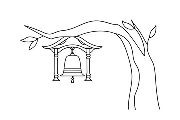 Serene Temple Bell Hanging from Ancient Tree Branch