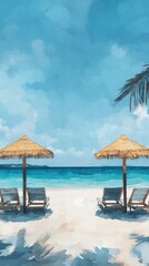 Obraz premium Serene Beach Scene with Turquoise Water and Straw Umbrellas in Watercolor Style for Summer Vacation