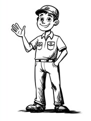 Obraz premium Friendly cartoon worker waving, outdoor setting, illustration for website or manual