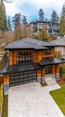 Modern luxury home exterior with landscaped lawn, blue sky backdrop, for real estate marketing