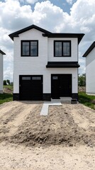 Newly built two-story suburban home with black trim and a sandy front yard on a sunny day