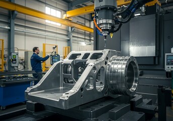 A large metal part being machined with a robotic arm