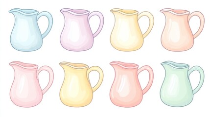 Pastel cream pitchers; kitchenware collection; white background; home decor; recipe illustrations