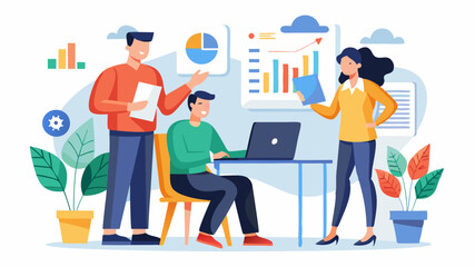 Vector business colleagues collaborating on a project with documents and charts in a meeting