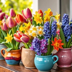 Vibrant tulips, daffodils, and hyacinths in whimsical glazed ceramic pots , flower power, still life