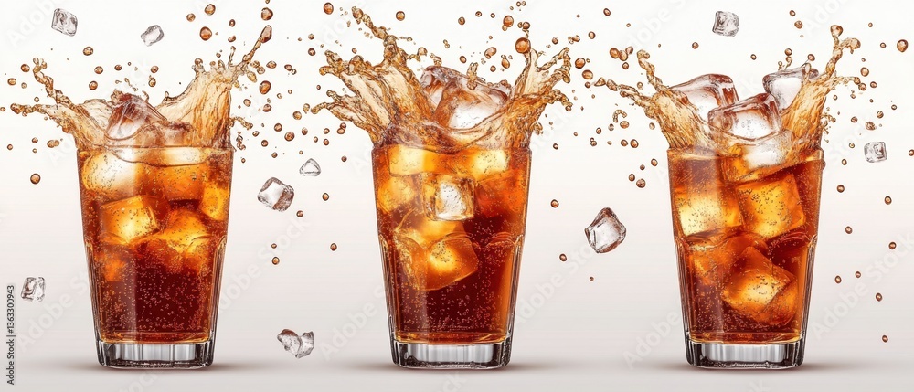 Poster refreshing cola beverage with ice cubes creating dynamic splash in transparent glasses on bright bac