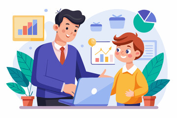 Vector business mentor guiding young entrepreneur through a business plan and startup strategy