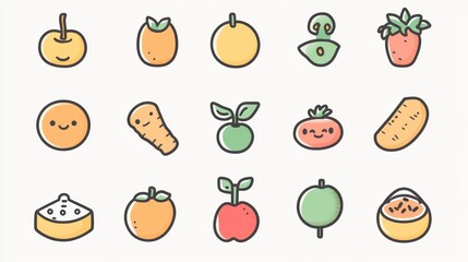 Cute fruit and vegetable icons;  food illustration; healthy eating; white background; website design