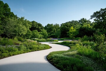 tranquil urban garden oasis with winding paths amongst greenery and colorful blooms under clear blue sky