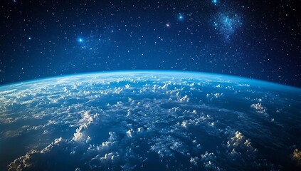 Obraz premium Stunning view of Earth from space, showcasing a breathtaking expanse of clouds against the backdrop of a starlit sky.