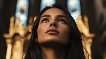 Obraz premium Young woman gazes upward in a church, admiring intricate architecture and stained glass details during a quiet moment