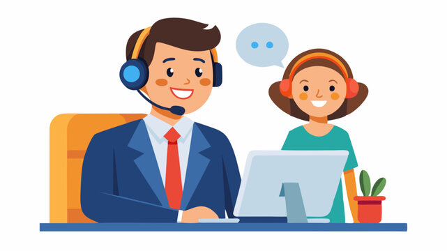 Vector customer service agent with headset smiling while assisting a client professionally