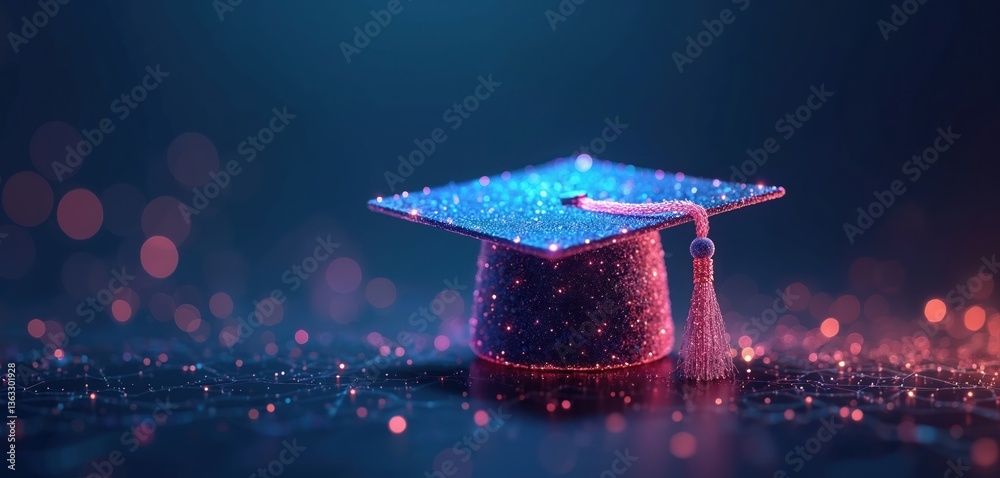Poster abstract image graduation cap on dark blue gradient background. academic cap, tech network. educatio