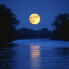 Serene Nightscape with Luminous Moon Reflecting on Calm River Surrounded by Dark Forest Landscape