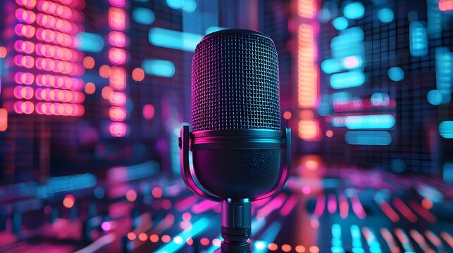 Close-up of a microphone emphasizes innovative audio technology and voice creation tools. Generative AI