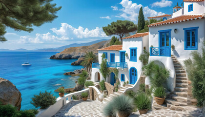 Fototapeta premium A stunning Mediterranean coastal scene features traditional houses with lush greenery, a stone pathway, turquoise waters, rocky cliffs, and a picturesque tree on a seaside rock under a blue sky