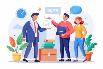 Vector office worker holding a resignation letter and saying goodbye to colleagues in an office