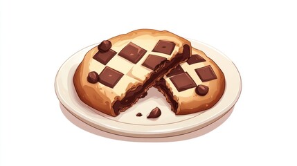 Delicious chocolate chunk cookie broken in half on a plate, isolated background; perfect for baking websites