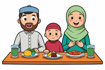 Muslim family vector illustration breaking fast together during Ramadan with happiness
