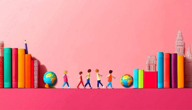 Imagen conmemorativa del D&iacute;a Mundial del Libro con varias personas caminando entre libros, de diferentes nacionalidades, libros con formas de edificios internacionales
