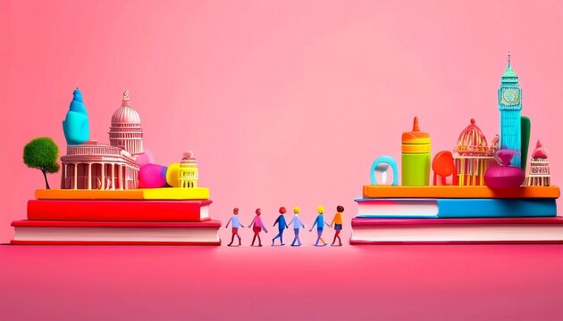 Imagen conmemorativa del D&iacute;a Mundial del Libro con varias personas caminando entre libros, de diferentes nacionalidades, libros con formas de edificios internacionales