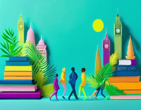 Imagen conmemorativa del D&iacute;a Mundial del Libro con varias personas caminando entre libros, de diferentes nacionalidades, libros con formas de edificios internacionales