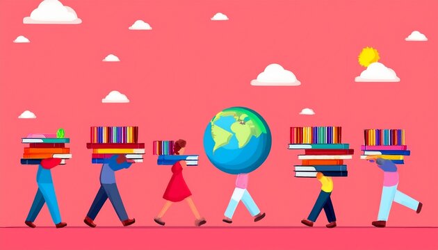 Imagen conmemorativa del D&iacute;a Mundial del Libro con varias personas caminando entre libros, de diferentes nacionalidades, libros con formas de edificios internacionales