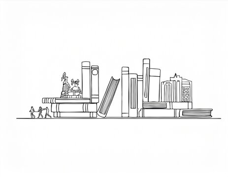 Imagen conmemorativa del D&iacute;a Mundial del Libro con varias personas caminando entre libros, de diferentes nacionalidades, libros con formas de edificios internacionales