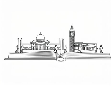 Imagen conmemorativa del D&iacute;a Mundial del Libro con varias personas caminando entre libros, de diferentes nacionalidades, libros con formas de edificios internacionales