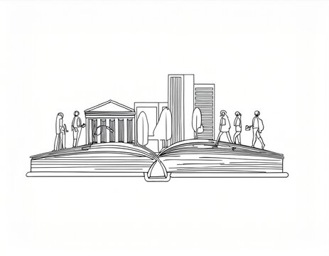 Imagen conmemorativa del D&iacute;a Mundial del Libro con varias personas caminando entre libros, de diferentes nacionalidades, libros con formas de edificios internacionales