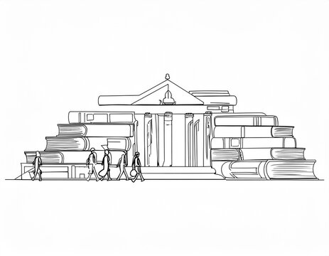 Imagen conmemorativa del D&iacute;a Mundial del Libro con varias personas caminando entre libros, de diferentes nacionalidades, libros con formas de edificios internacionales