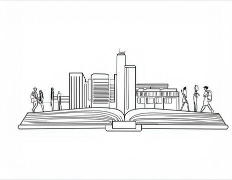 Imagen conmemorativa del D&iacute;a Mundial del Libro con varias personas caminando entre libros, de diferentes nacionalidades, libros con formas de edificios internacionales