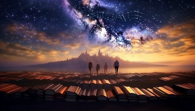 Imagen conmemorativa del D&iacute;a Mundial del Libro con varias personas caminando entre libros, de diferentes nacionalidades, libros con formas de edificios internacionales