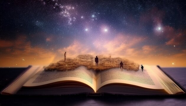 Imagen conmemorativa del D&iacute;a Mundial del Libro con varias personas caminando entre libros, de diferentes nacionalidades, libros con formas de edificios internacionales