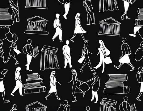Imagen conmemorativa del D&iacute;a Mundial del Libro con varias personas caminando entre libros, de diferentes nacionalidades, libros con formas de edificios internacionales