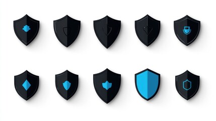 Black and blue shield icons; security, protection concept; white background; website design