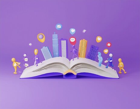 Imagen conmemorativa del D&iacute;a Mundial del Libro con varias personas caminando entre libros, de diferentes nacionalidades, libros con formas de edificios internacionales