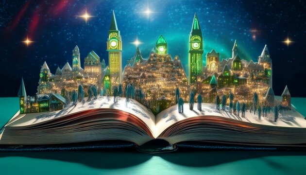 Imagen conmemorativa del D&iacute;a Mundial del Libro con varias personas caminando entre libros, de diferentes nacionalidades, libros con formas de edificios internacionales