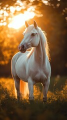 Majestic white horse stands in a sunlit field during golden hour near a serene forest backdrop