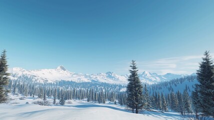 Ultra-realistic winter landscape with snow-covered pine trees, mountain peaks, and a clear blue sky
