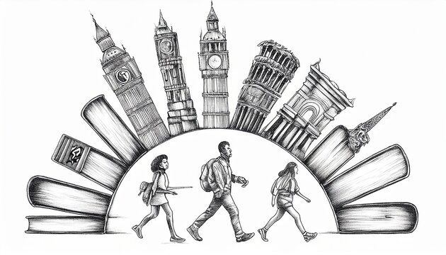 Imagen conmemorativa del D&iacute;a Mundial del Libro con varias personas caminando entre libros, de diferentes nacionalidades, libros con formas de edificios internacionales