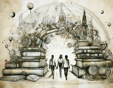 Imagen conmemorativa del D&iacute;a Mundial del Libro con varias personas caminando entre libros, de diferentes nacionalidades, libros con formas de edificios internacionales