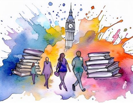 Imagen conmemorativa del D&iacute;a Mundial del Libro con varias personas caminando entre libros, de diferentes nacionalidades, libros con formas de edificios internacionales