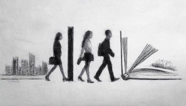 Imagen conmemorativa del D&iacute;a Mundial del Libro con varias personas caminando entre libros, de diferentes nacionalidades, libros con formas de edificios internacionales