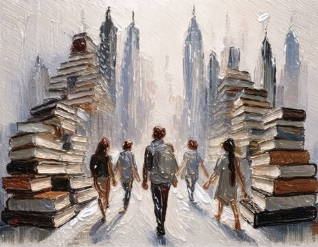 Imagen conmemorativa del D&iacute;a Mundial del Libro con varias personas caminando entre libros, de diferentes nacionalidades, libros con formas de edificios internacionales