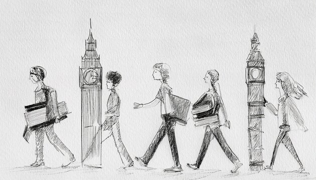 Imagen conmemorativa del D&iacute;a Mundial del Libro con varias personas caminando entre libros, de diferentes nacionalidades, libros con formas de edificios internacionales