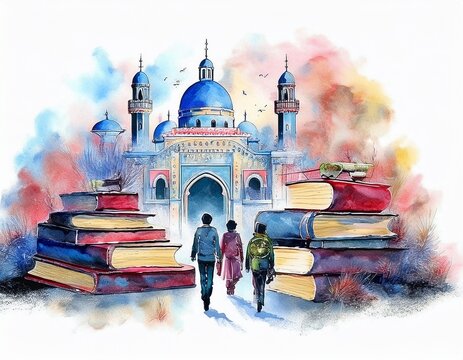 Imagen conmemorativa del D&iacute;a Mundial del Libro con varias personas caminando entre libros, de diferentes nacionalidades, libros con formas de edificios internacionales