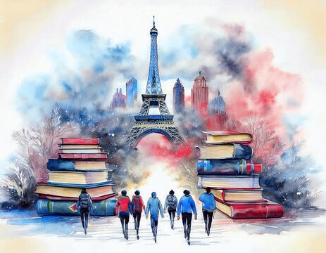 Imagen conmemorativa del D&iacute;a Mundial del Libro con varias personas caminando entre libros, de diferentes nacionalidades, libros con formas de edificios internacionales