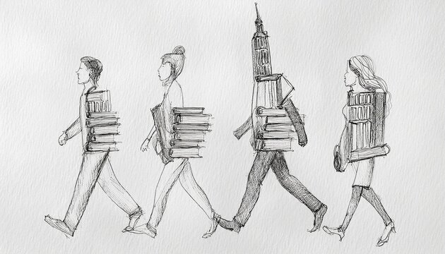 Imagen conmemorativa del D&iacute;a Mundial del Libro con varias personas caminando entre libros, de diferentes nacionalidades, libros con formas de edificios internacionales