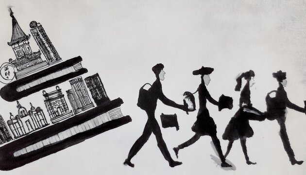Imagen conmemorativa del D&iacute;a Mundial del Libro con varias personas caminando entre libros, de diferentes nacionalidades, libros con formas de edificios internacionales